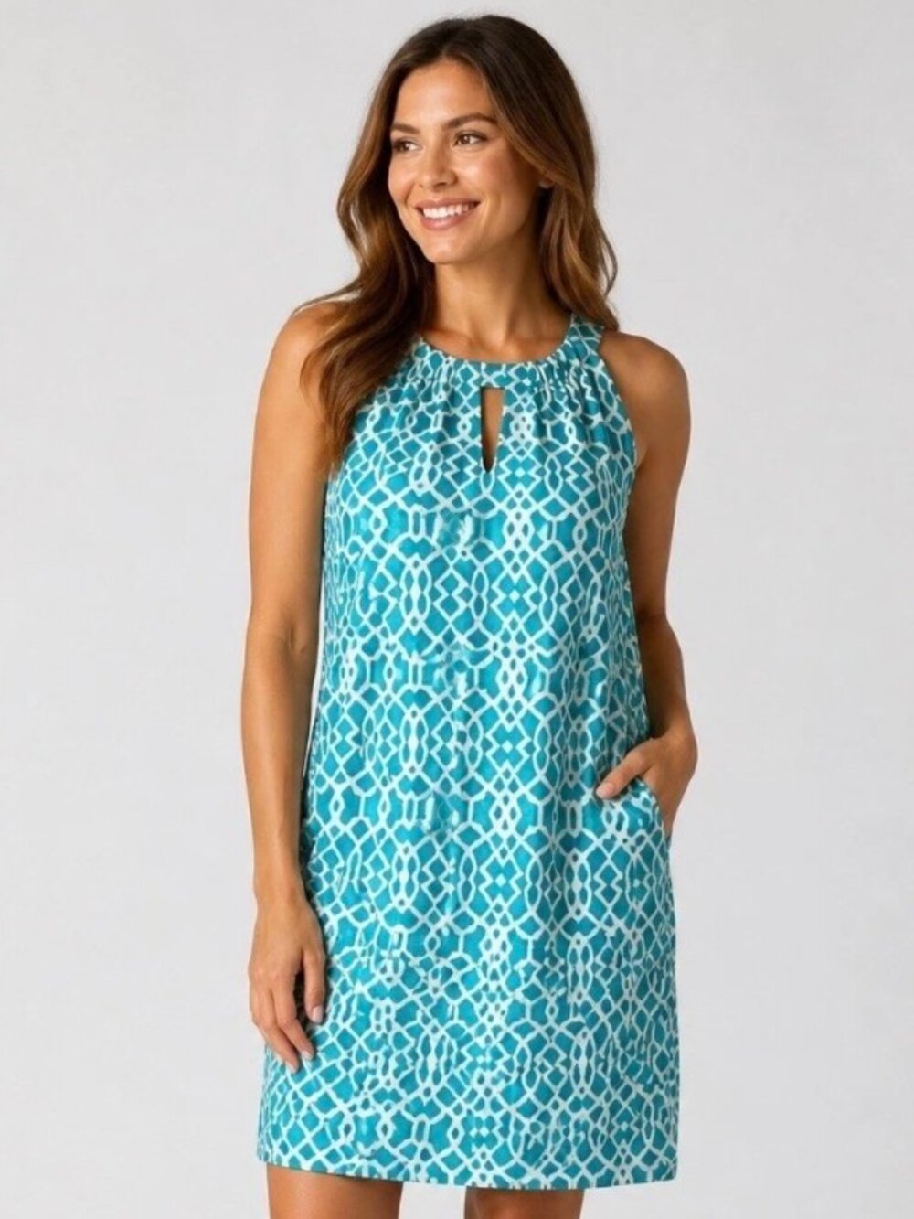 Jude Connally "Lisa" Dress Turquoise Blue Geometric Halter Keyhole Dress - Picture 4 of 4